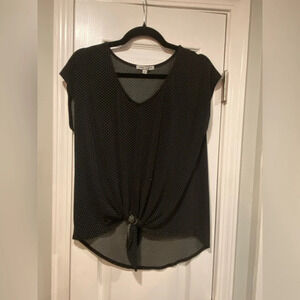 Green Envelope Black white polka Dots V Neck Tie Front Cap Sleeve Top Size M